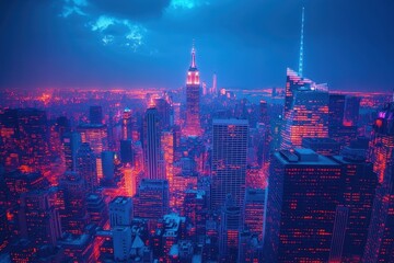 Obraz premium City skyline illuminated at night with vibrant colors in a bustling urban landscape