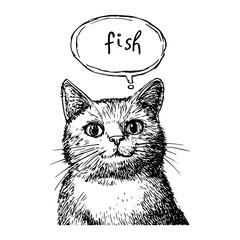 hand-drawn cat illustration thinking about fish in vintage sketch style