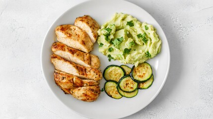 A clean white plate with three portions like baked chicken, saut&eacute;ed zucchini, and mashed avocado