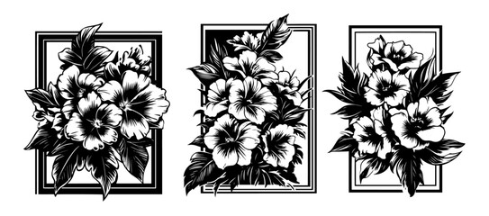 floral illustrations with hibiscus flowers in vintage engraving style © Kaz