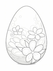 Easter egg coloring page featuring a floral design with various flowers and swirl patterns on a white background