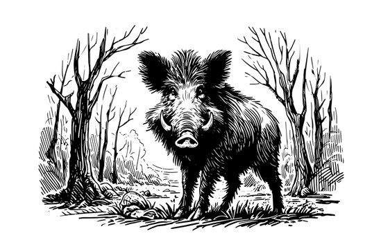 wild boar in forest illustration with vintage engraving style design