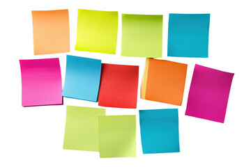 A row of colorful sticky notes are lined up on  , isolated on white background