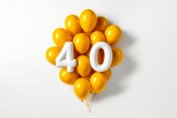 The number of the balloon made of white plastic, the number forty on a white background with small different yellow balloons.