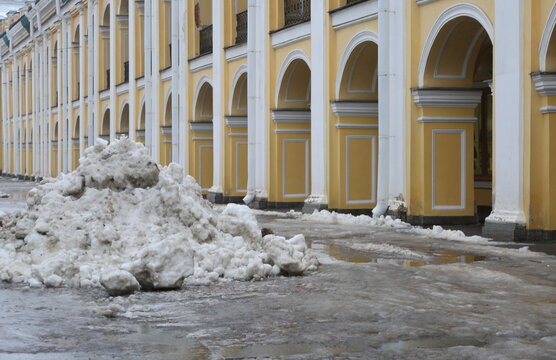 A pile of snow on the city street, Dumskaya Street, Saint Petersburg, Russia, January 16, 2025