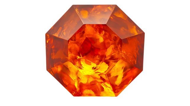 A shiny 3D model of a gemstone with multi-faceted surfaces and a brilliant internal glow displayed in the center of a transparent background 