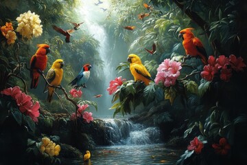 Colorful tropical birds gathering around a serene waterfall in a lush forest during a sunny day