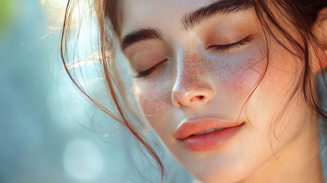 Close-up portrait of a young woman with freckles, eyes closed, peaceful expression.
