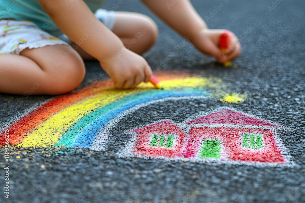 Poster generative ai image of child drawing with colorful chalk