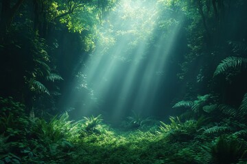 Obraz premium Majestic light beams shining through a dense forest canopy in a tranquil green environment
