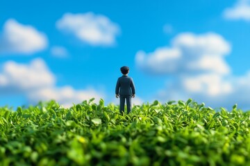 Miniature businessman standing in green field looking at beautiful blue sky with clouds, representing freedom, success, and new opportunities