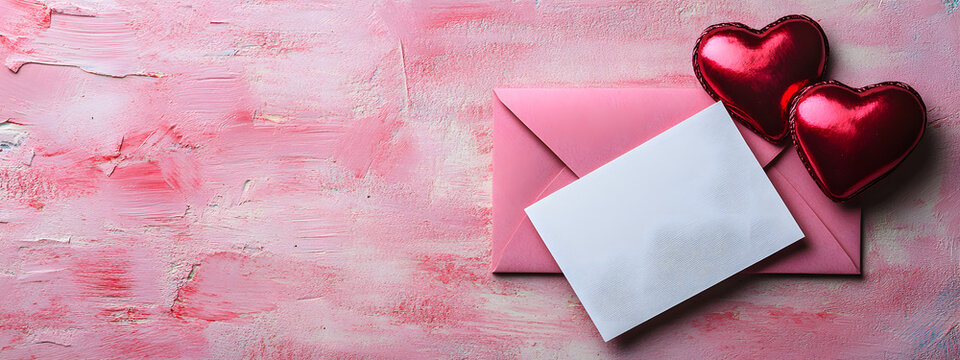 romantic valentine's day decoration with blank white paper on pink envelope, surrounded by two red hearts on a soft pink background, perfect for love messages and heartfelt greetings.