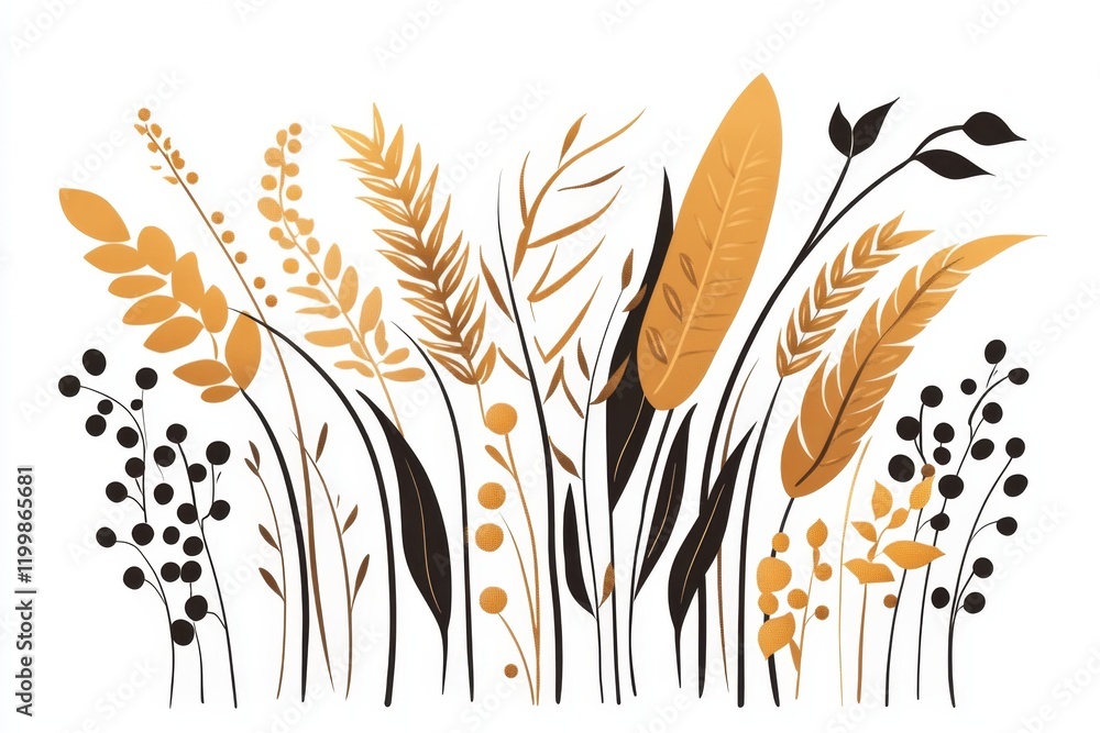 Poster a flat 2d illustration of a single stalk of wheat in golden tones, drawn with simple lines on a whit
