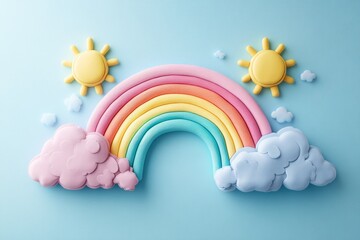 Clay art representing a rainbow with pastel colors, fluffy clouds, and two suns on a light blue background