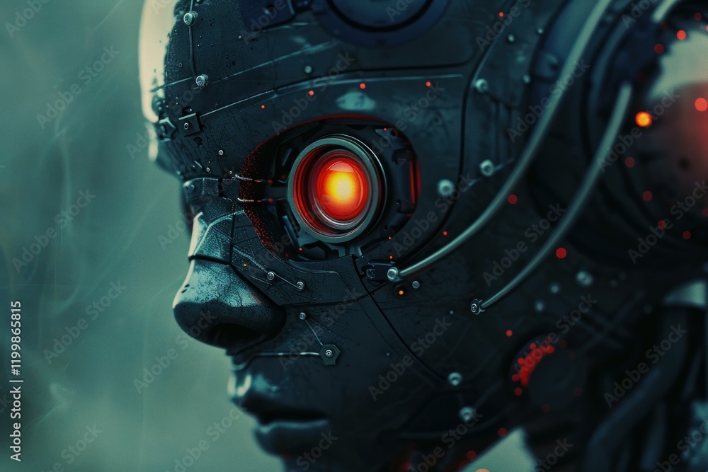 Poster advanced cyborg demonstrating its intricate mechanics and glowing red eye, hinting at artificial int