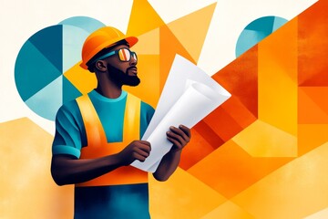 A flat graphic of a construction worker icon holding a blueprint, with geometric shapes and a bright yellow-and-gray color scheme