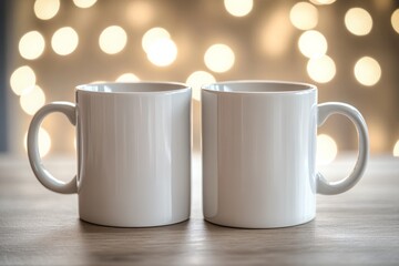 Two Empty White Coffee Mugs on a Wooden Table with Soft Lights