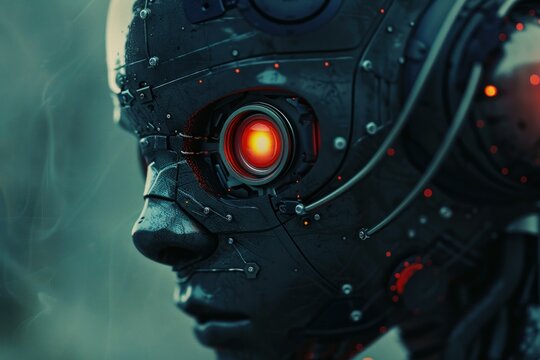Advanced cyborg demonstrating its intricate mechanics and glowing red eye, hinting at artificial intelligence and futuristic technology