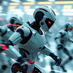 Fototapeta premium robot, artificial intelligence, AI, android, humanoid, mechanical, futuristic, technology, science fiction, sci-fi, digital art, industrial robot, service robot, social robot, domestic robot, military