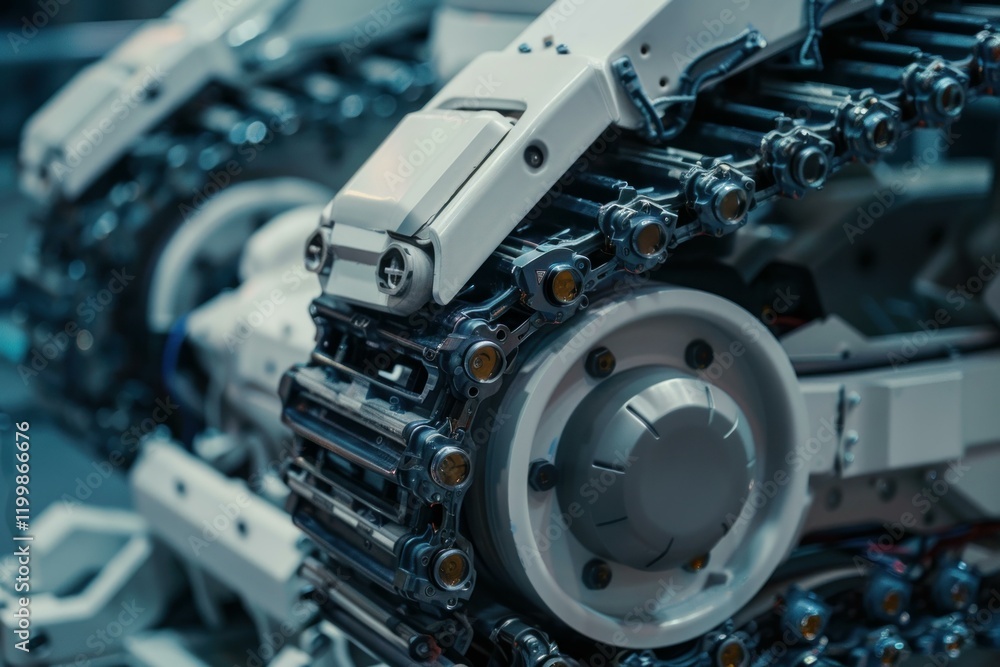 Poster close up of a continuous track system with a driving wheel rotating, showcasing the mechanics of ind