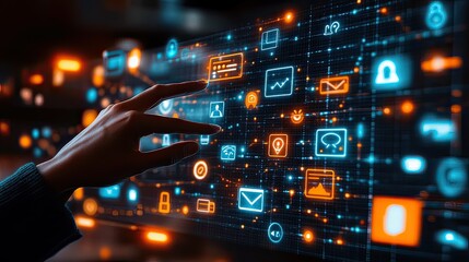 Hand interacts with digital interface, city backdrop, data visualization