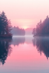 Obraz premium Pink sunrise, tranquil lake, mirrored trees.