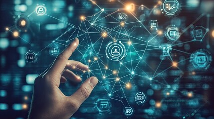 Hand interacts with digital network, futuristic background, data visualization, technology concept