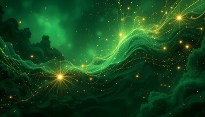 Enchanting Green Abstract Background with Glittering Stars and Flowing Light Waves for Vibrant Designs
