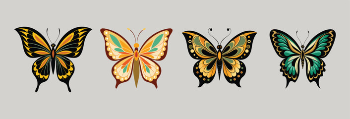 Fototapeta premium Colorful butterflies, embroidery on linen, cross-stitch pattern.
