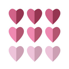 Pink heart icon set. Happy Valentine's Day. Half heart shadow. Origami paper hearts. Cute half heart. Poster, invitation, banner, love greeting card template. Flat design. White background. Vector