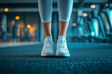 Close-up of female athlete's legs and white sneakers in a gym, ready to start her workout