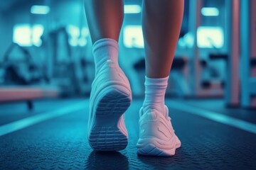 Close-up of an athlete's feet walking in a gym, showcasing white sneakers and promoting fitness motivation