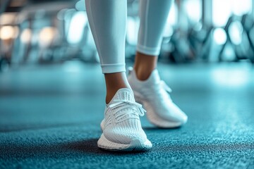 Close-up of female athlete's feet wearing white sneakers in a gym, ready for workout
