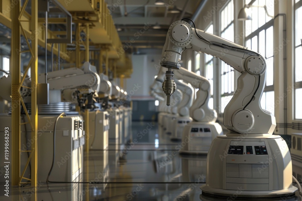 Poster robotic arms performing repetitive tasks on a production line in a modern, automated factory setting