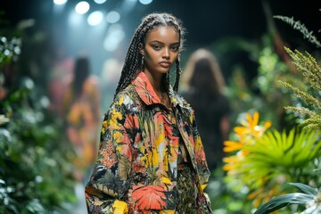 Professional fashion model walks the runway wearing a colorful floral jacket in a lush tropical setting during fashion week
