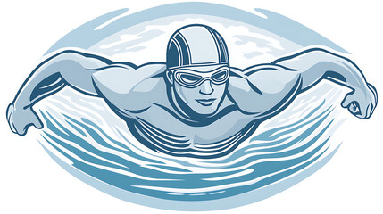 Powerful swimmer executing a dynamic butterfly stroke, captured in a stylized vector illustration.  Perfect for sports, fitness, and aquatic themes.