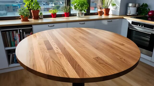 Round wooden table illuminating modern kitchen interior design