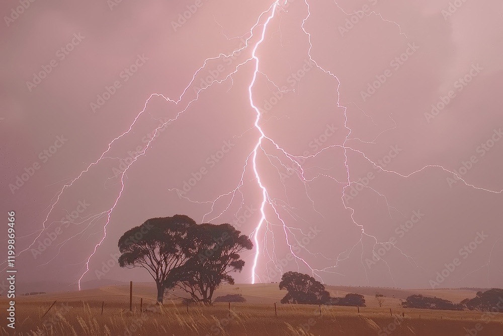 Poster a tree is in the foreground of a field with a lightning bolt in the sky