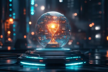 Fototapeta premium A futuristic holographic trophy floating in mid-air, glowing with neon blue and gold lights, in a high-tech setting
