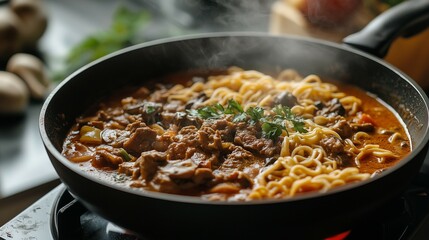 Photo of pasta with meat and mushrooms in a pan, on a dark wooden table, close-up view from above, delicious-looking food, food photography