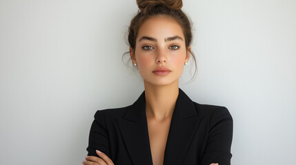 A businesswoman with a neat bun hairstyle