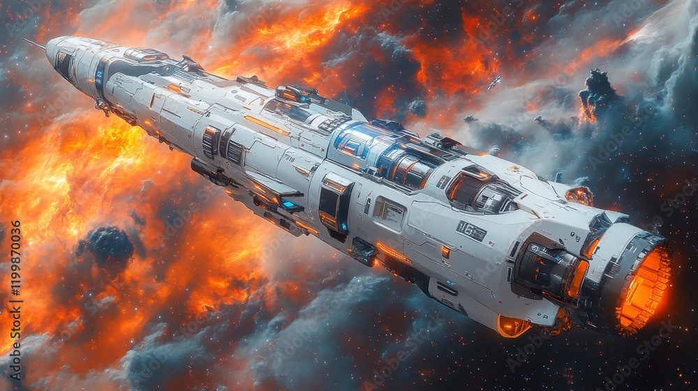Poster a futuristic spaceship navigating through a colorful cosmic environment.