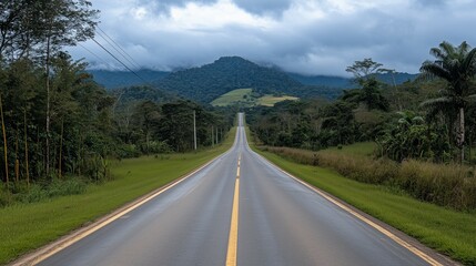 A highway road with dark storm clouds on the horizon