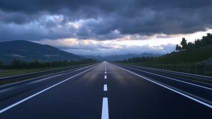 A highway road with dark storm clouds on the horizon