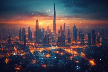Fototapeta premium City skyline illuminated at dusk with futuristic technology visualization in Dubai