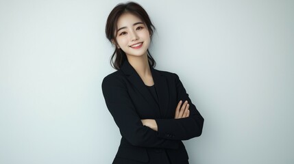 Beautiful young korean businesswoman in a black suit, isolated on a white background, with her arms crossed and smiling at the camera. full body view. Professional photography