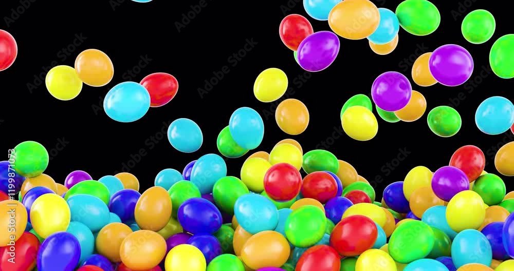 Poster colored easter eggs falling and fill the screen. 3d animation on transparent background