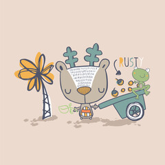 Adorable deer character carrying fresh fruit in a cart through a lush garden in a charming vector illustration.