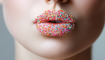 Young woman with beautiful lips covered confectionery sprinkles on gray background, closeup