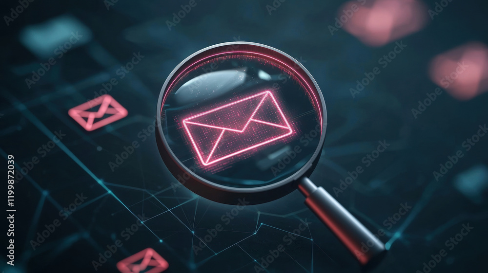 Poster 3d magnifying glass focuses on digital email icon, symbolizing cybersecurity and data analysis. glow